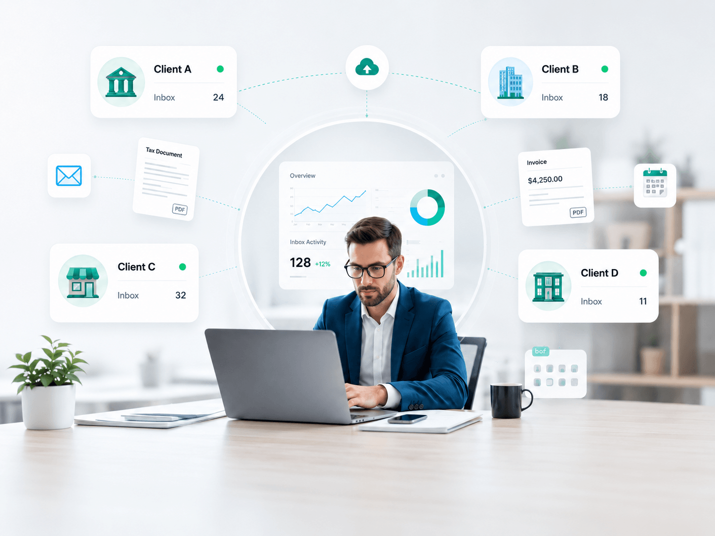 Accountant managing four separate client inboxes connected to one client overview.