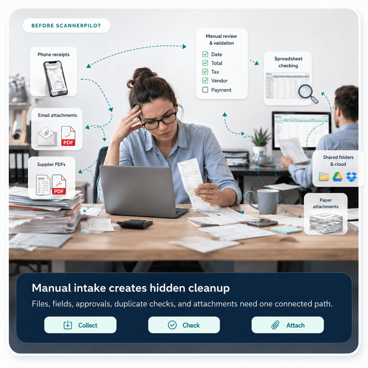 Before ScannerPilot illustration showing manual intake from phone receipts, email attachments, supplier PDFs, shared folders, and spreadsheet checking