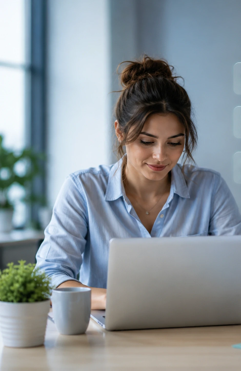 A professional reviewing work at a laptop in a bright office