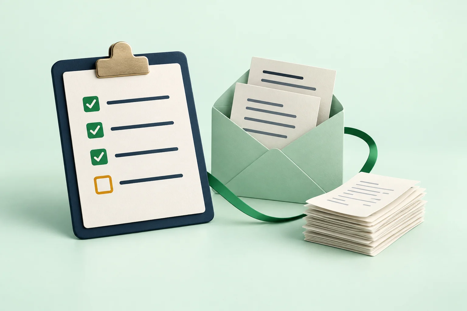 Editorial illustration of a client document checklist on a navy clipboard beside a mint envelope and organized receipts, with an amber box marking an outstanding request.