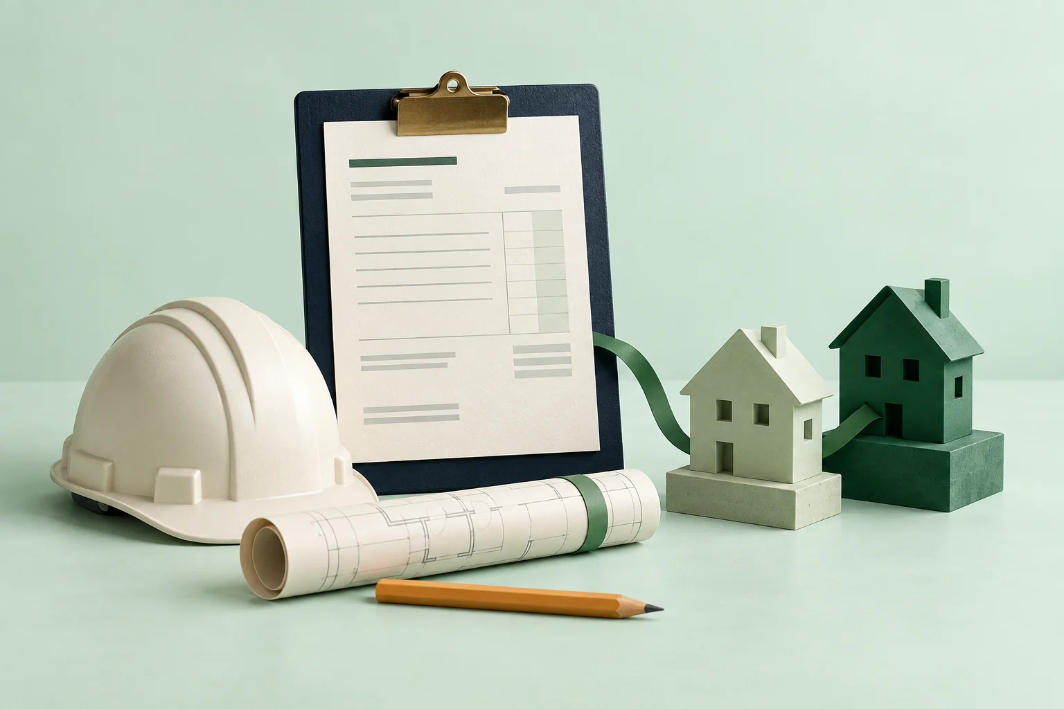 Editorial illustration of a materials receipt on a navy clipboard beside a hard hat, building plans, and two small house models representing separate construction jobs.