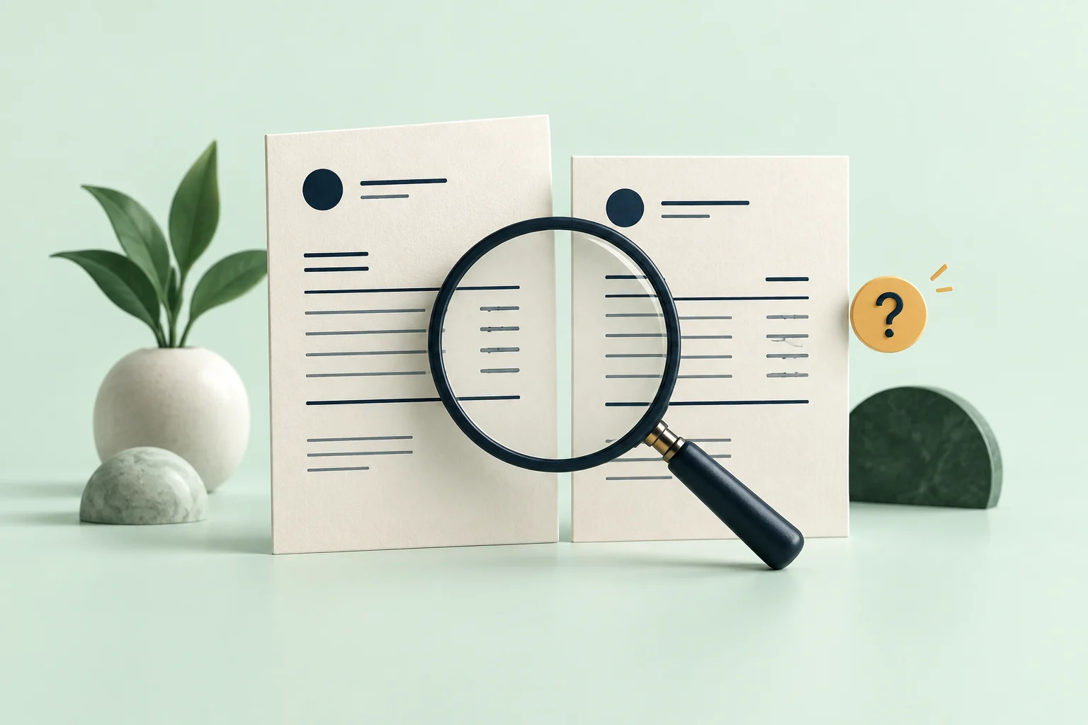 Editorial illustration of a navy magnifying glass comparing two similar supplier invoices beside an amber review marker.