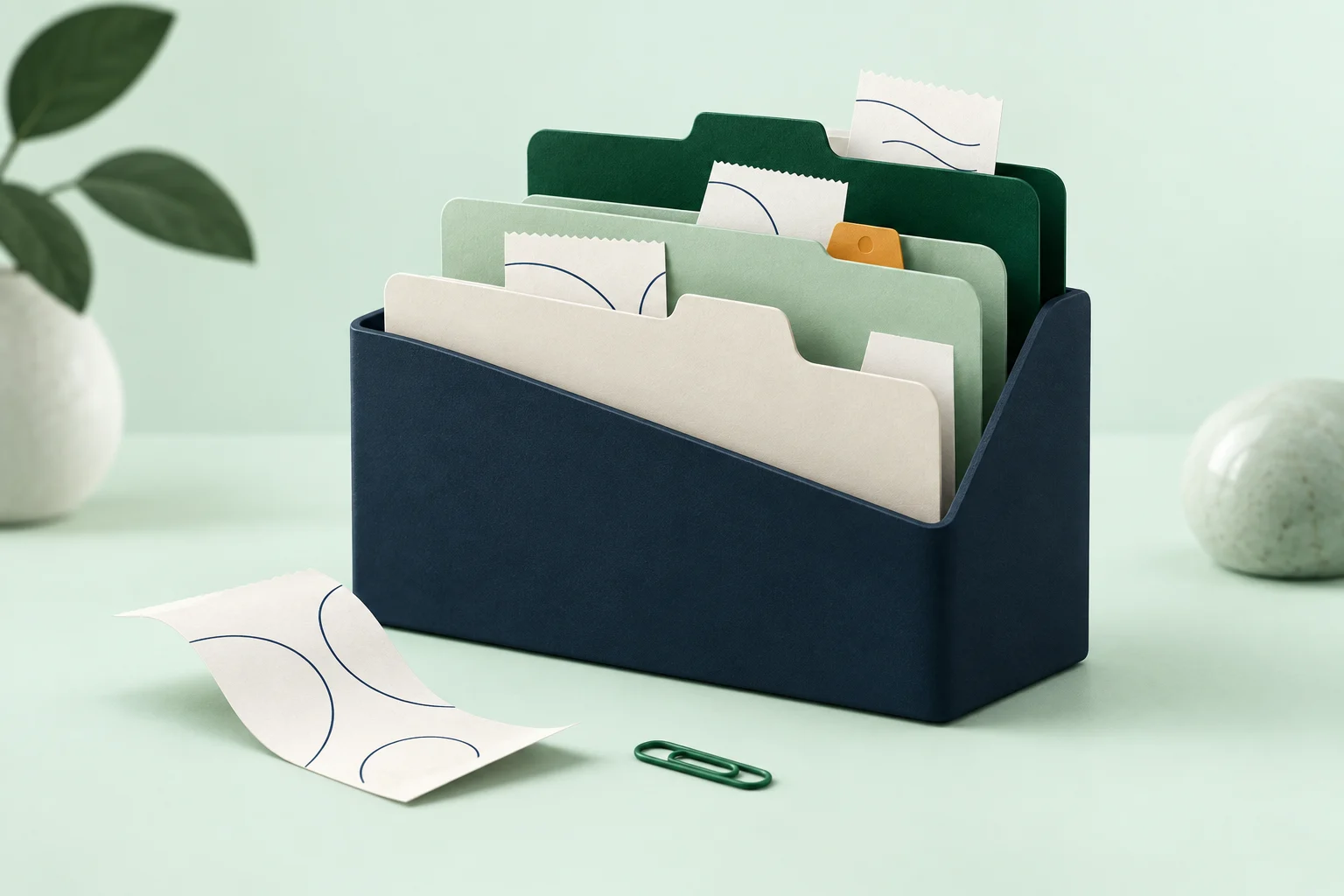 Editorial illustration of ivory and mint receipt folders arranged in a navy file holder, with one amber tab marking an item that needs attention.