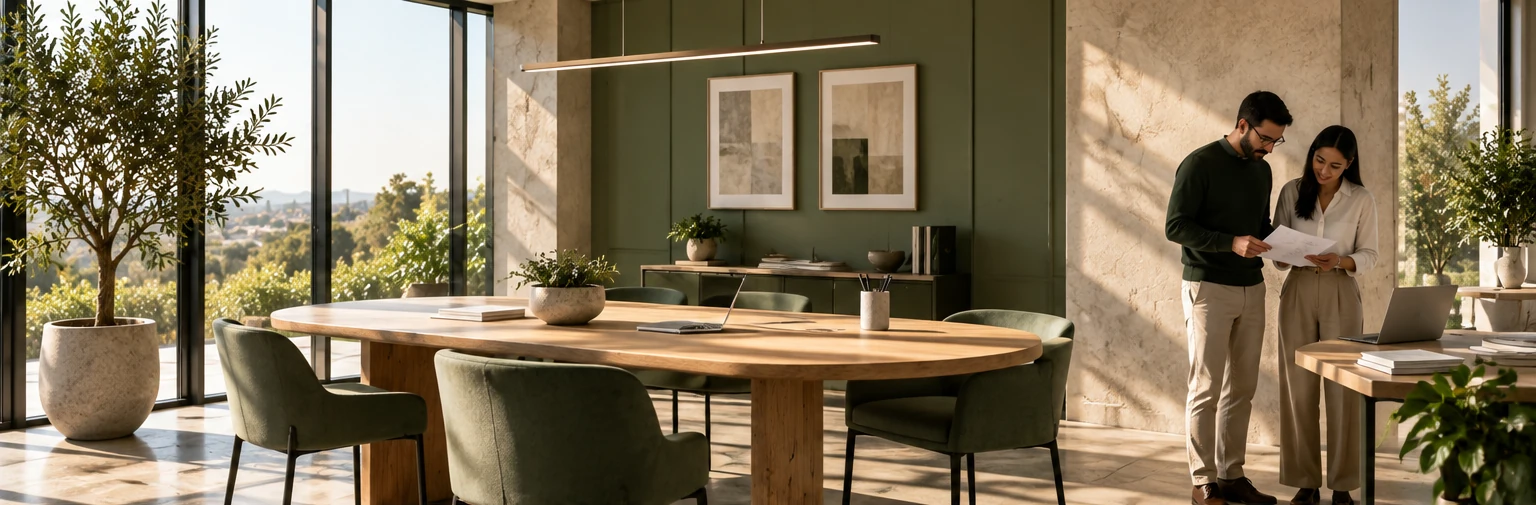 Illustrative sunlit bookkeeping studio with two colleagues reviewing paperwork; not the customer's premises