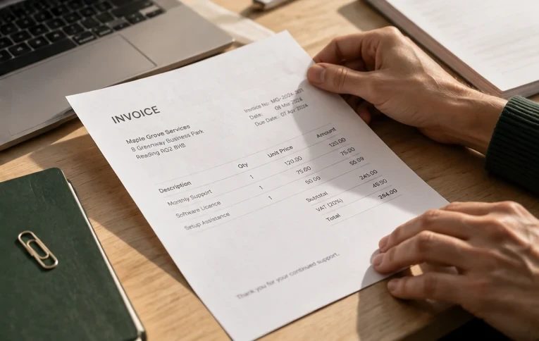 Close-up of hands checking the details on a paper invoice beside a laptop