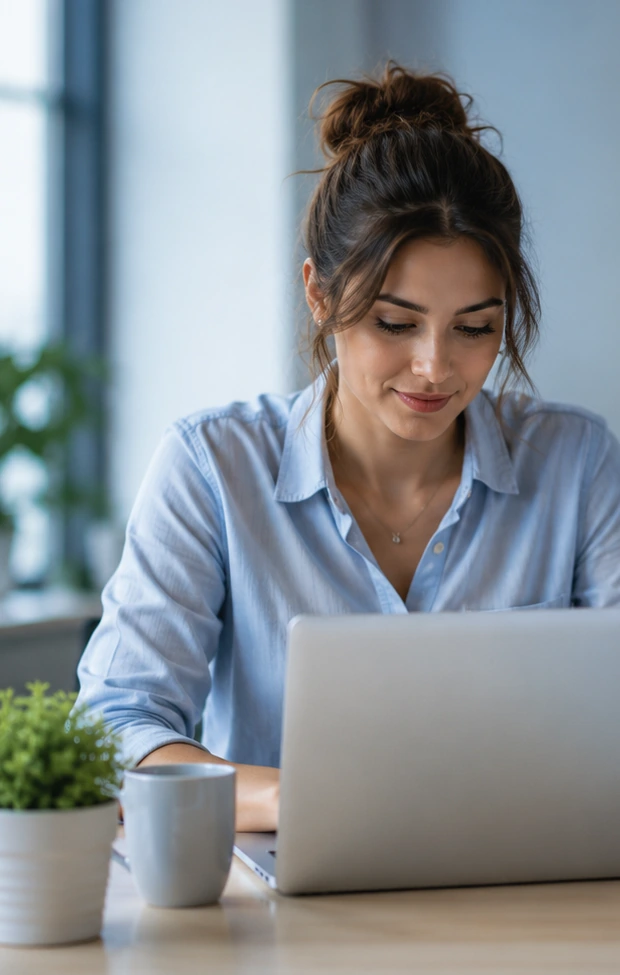 Illustrative professional working at a laptop in a bright office.