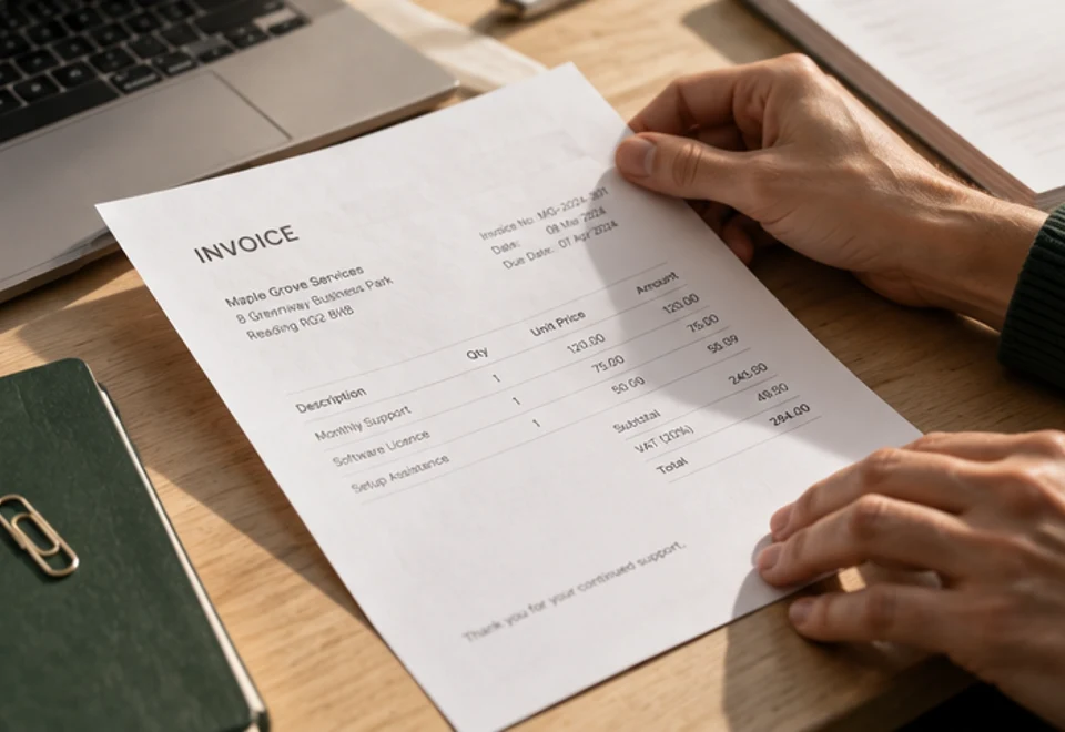 Editorial close-up of a supplier invoice being reviewed beside a laptop