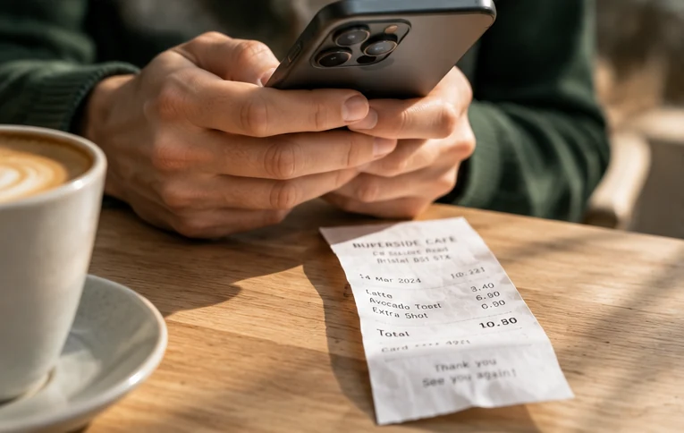 Editorial close-up of a person using a smartphone beside a paper receipt at a cafe