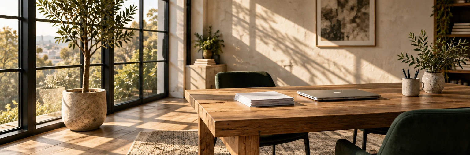 Editorial photograph of a private, sunlit workspace with papers, closed laptop, and green upholstered chairs
