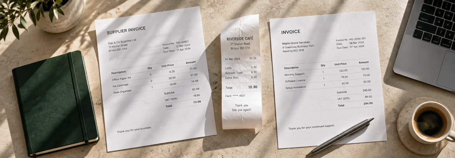 Supplier invoices and a receipt laid out in warm natural light