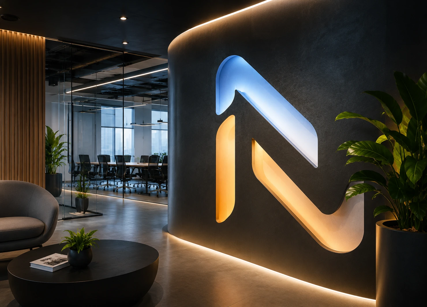 Illustrative contemporary workspace with warm architectural lighting, glass partitions and greenery